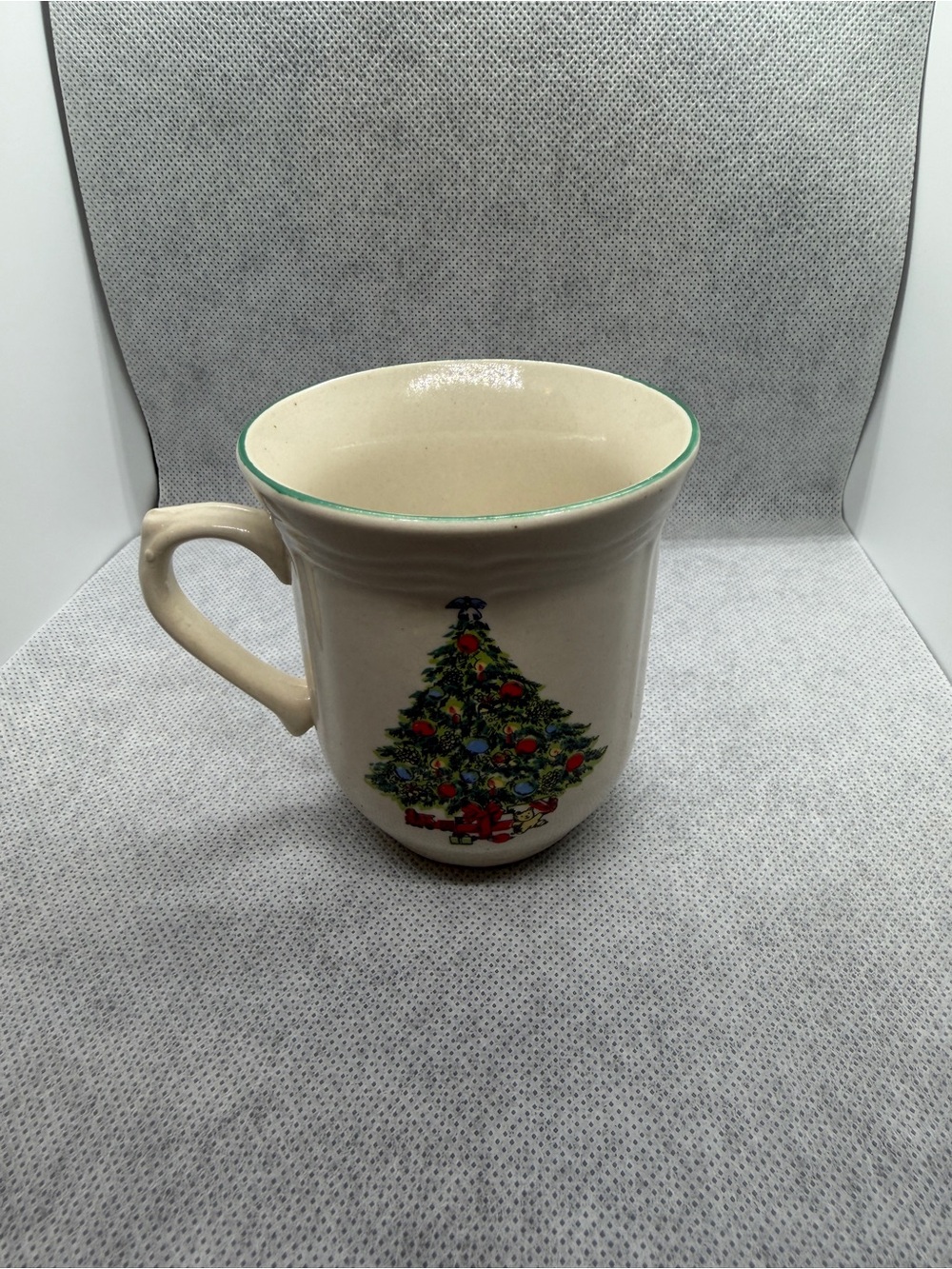 Christmas Tree Holiday Ceramic Coffee Mug Cream Green Rim